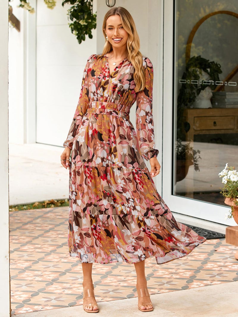 Simplee Women's Floral Boho Long Sleeve Maxi Dress V Neck Empire Waist Swing Flowy Wedding Guest Dress Light Pink Floral S - Image 4