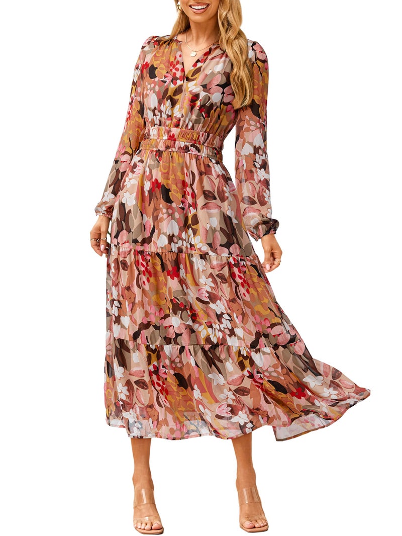 Simplee Women's Floral Boho Long Sleeve Maxi Dress V Neck Empire Waist Swing Flowy Wedding Guest Dress Light Pink Floral S - Image 1