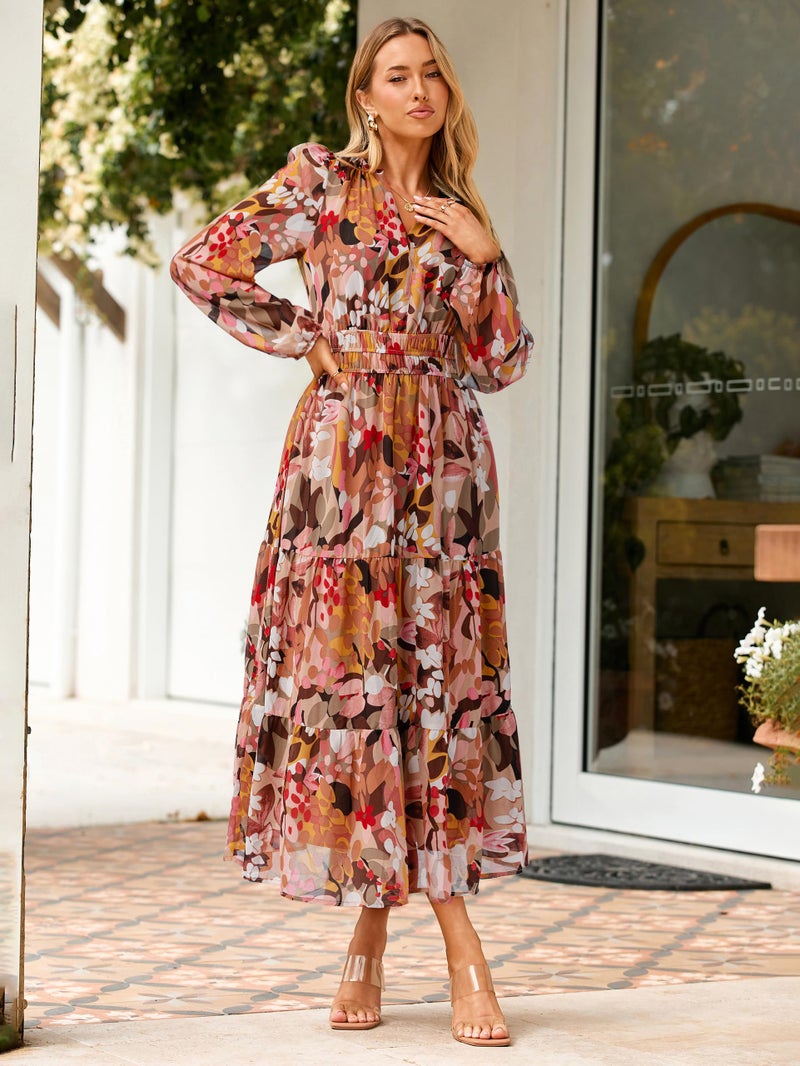 Simplee Women's Floral Boho Long Sleeve Maxi Dress V Neck Empire Waist Swing Flowy Wedding Guest Dress Light Pink Floral S - Image 3