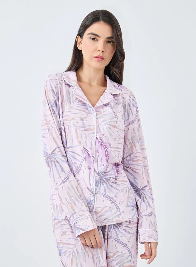 Styli Styli Tropical Leaf Button Through Shirt and Pyjama Set