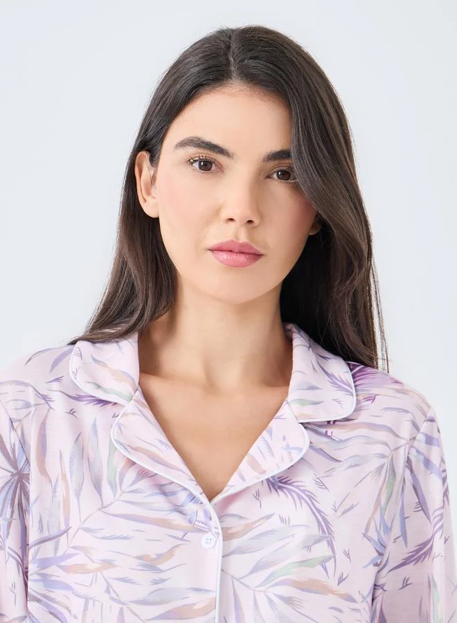 Styli Styli Tropical Leaf Button Through Shirt and Pyjama Set