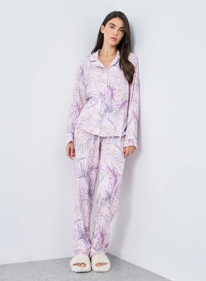 Styli Styli Tropical Leaf Button Through Shirt and Pyjama Set