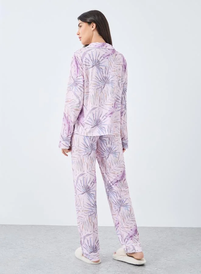 Styli Styli Tropical Leaf Button Through Shirt and Pyjama Set