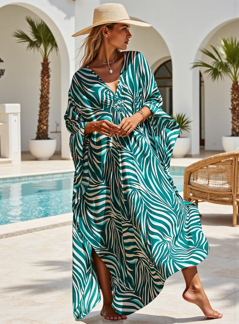 KECVOT Women's Plus Size Kaftan Dress - Batwing Sleeve Long Beach Cover Up Maxi Dress Swimsuit Cover Loungewear - Image 4