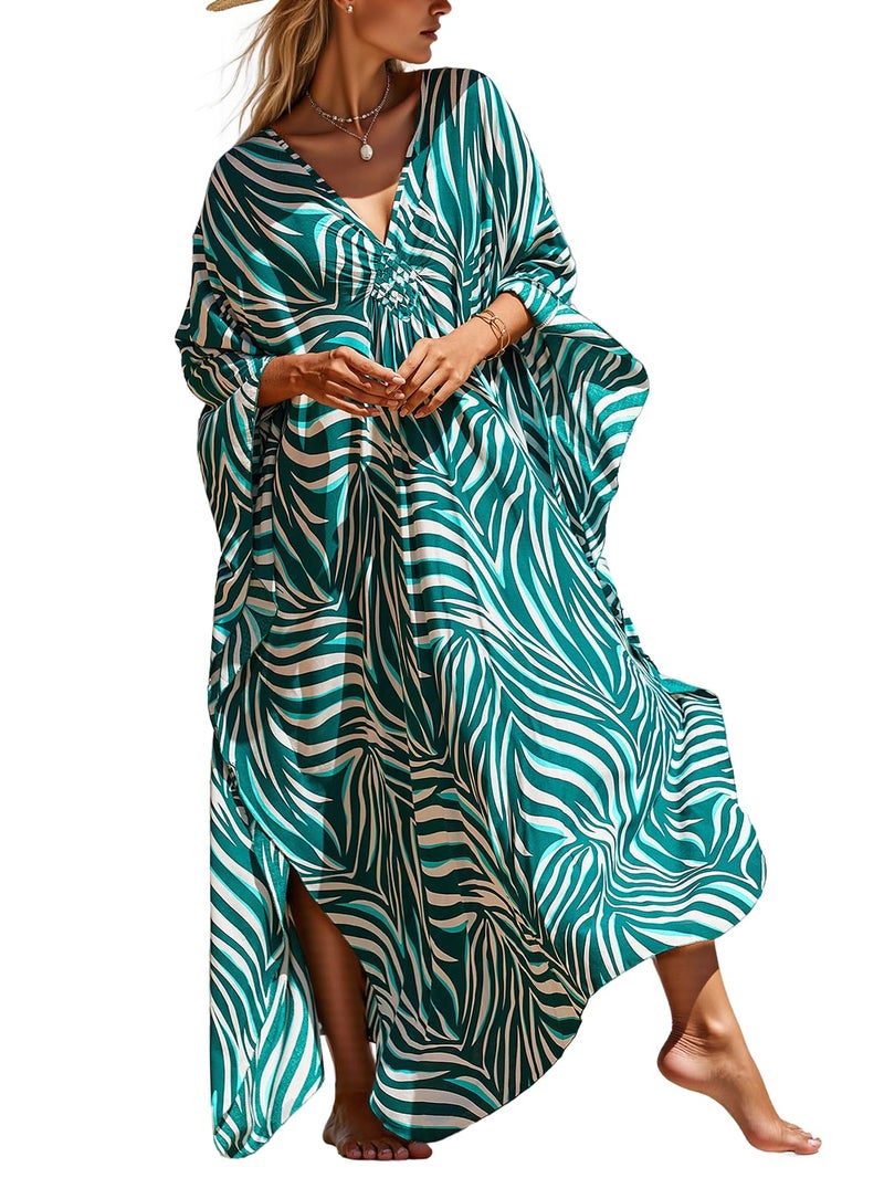 KECVOT Women's Plus Size Kaftan Dress - Batwing Sleeve Long Beach Cover Up Maxi Dress Swimsuit Cover Loungewear - Image 1