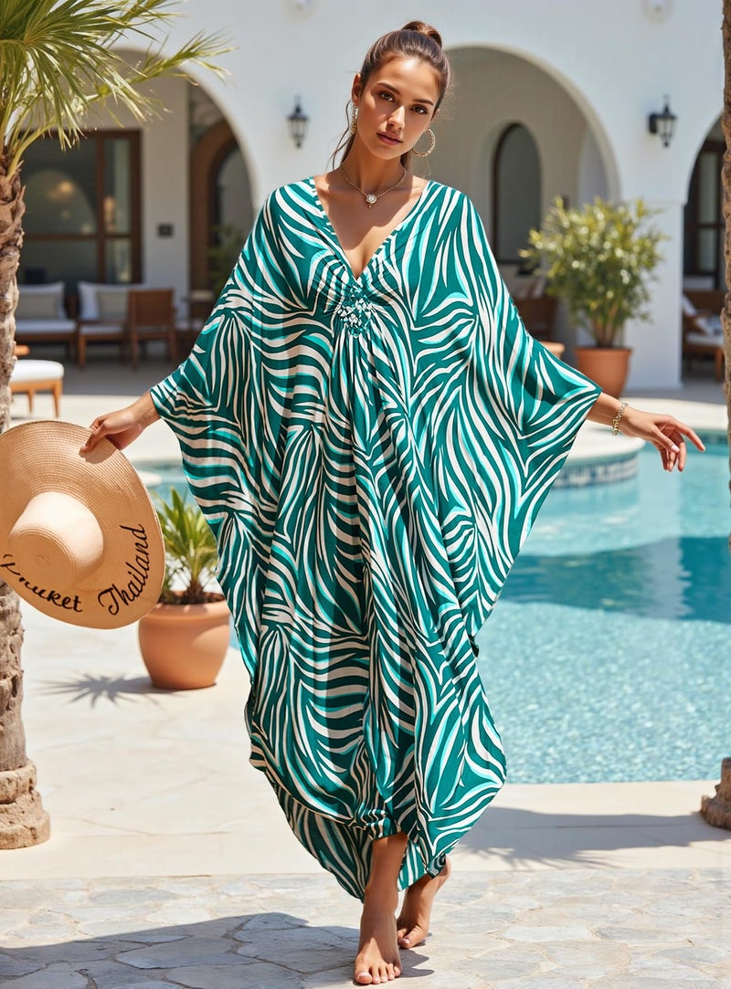 KECVOT Women's Plus Size Kaftan Dress - Batwing Sleeve Long Beach Cover Up Maxi Dress Swimsuit Cover Loungewear - Image 2