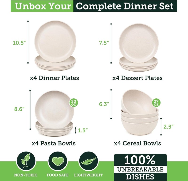 Grow Forward 16-piece Premium Wheat Straw Dinnerware Sets for 4 - Unbreakable Dishwasher & Microwave Safe Plastic Plates and Bowls Sets - Patio, Outdoors, RV, Camping Dishes - Sahara - Image 3