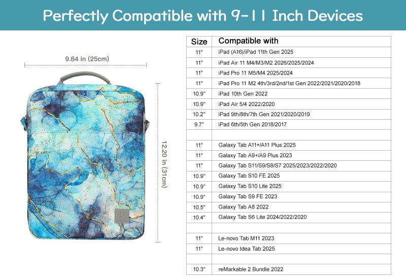 Dadanism 9-11 Inch Tablet Sleeve Bag Carrying Case with Shoulder Strap for iPad (A16) 11", iPad 10th Gen 10.9", iPad Air M4/Pro M5 11", iPad 9/8/7th 10.2", Galaxy Tab A11+ Plus 11", Marble Blue - Image 2
