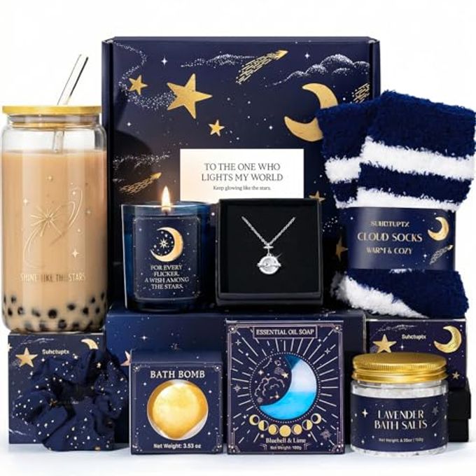 Suhctuptx Birthday Gifts for Women, Mothers Day Gifts for Mom, Starry Sky Spa Gift Basket with Universe Necklace, Self Care Gift Set for Her, Teacher Appreciation Gifts, Wife Sister Friend Boss Lady