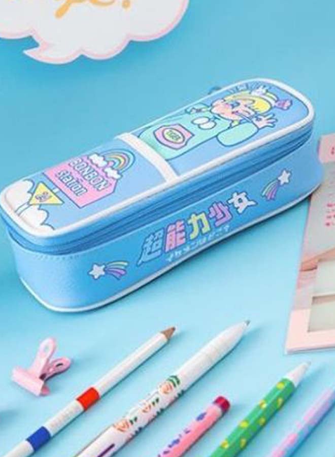 2-Compartment Cartoon Printed Pencil Case Blue - Image 2