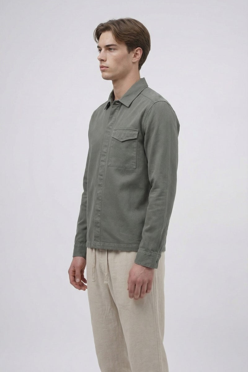 DeFacto Grey Man Boxy Fit Polo Collar Twill Overshirt Casual - Image 2