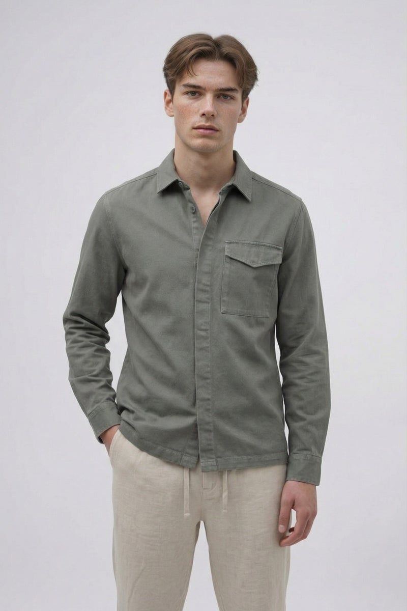 DeFacto Grey Man Boxy Fit Polo Collar Twill Overshirt Casual - Image 1