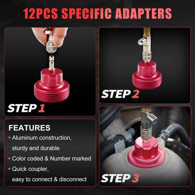 JIFETOR 14PCS Radiator Pressure Tester Tool Kit with Aluminium Pump and Metal Adapters, Red - Image 4