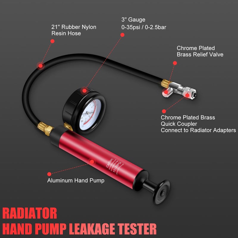 JIFETOR 14PCS Radiator Pressure Tester Tool Kit with Aluminium Pump and Metal Adapters, Red - Image 3