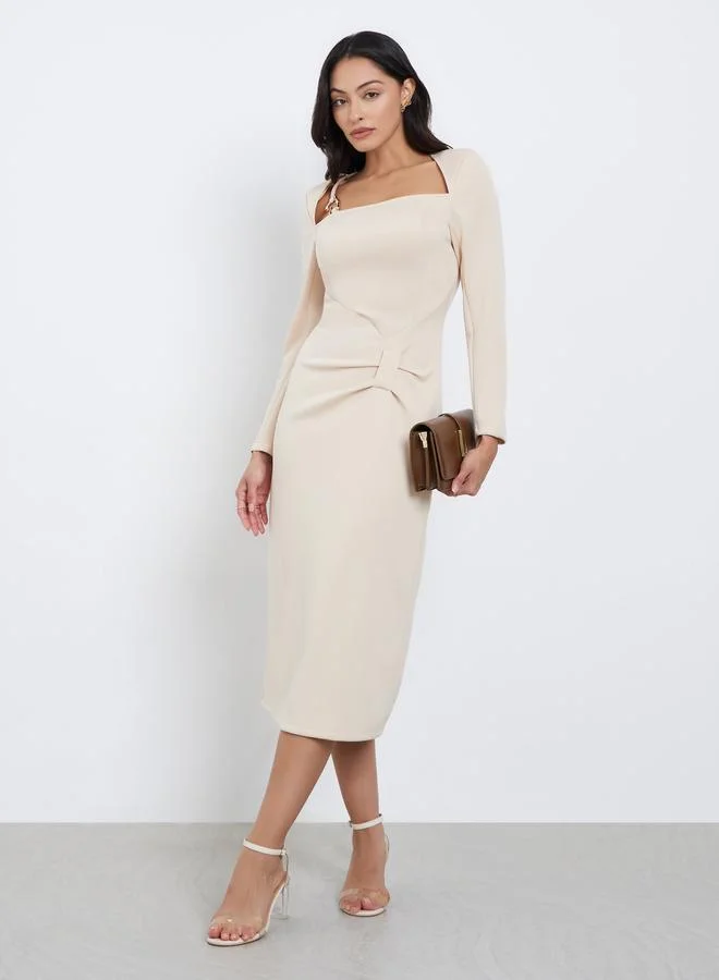 Styli Styli Cream Midi Dress with Metal Ring Accent