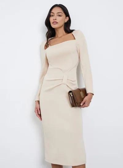 Styli Cream Midi Dress with Metal Ring Accent