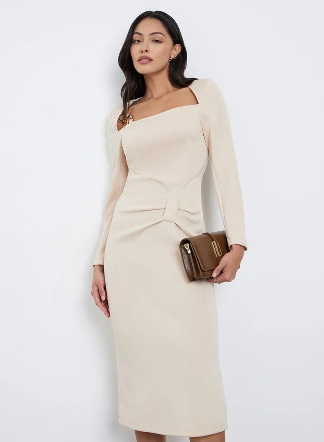 Styli Styli Cream Midi Dress with Metal Ring Accent