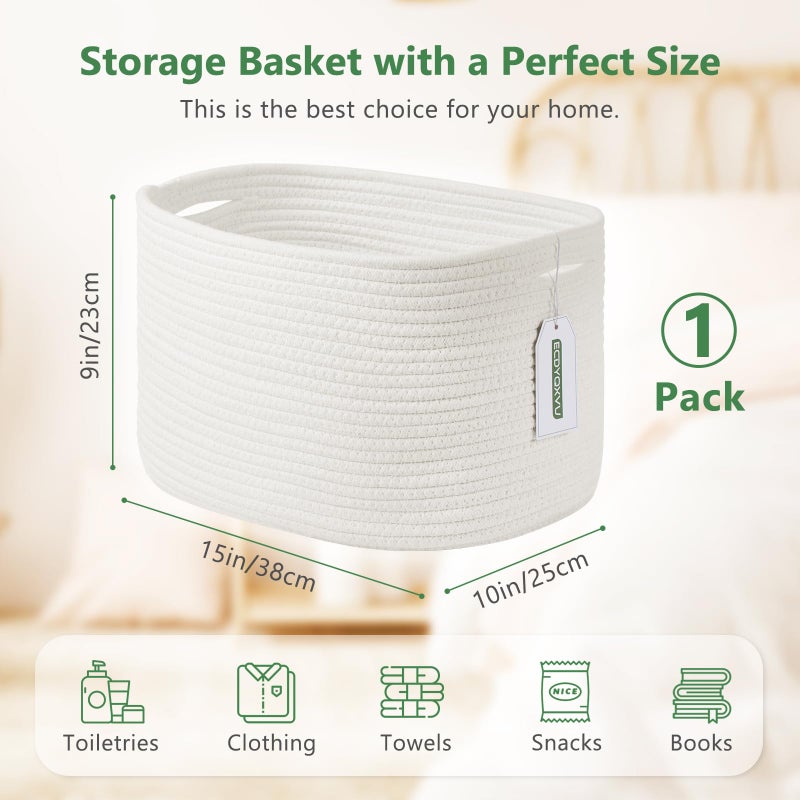 ECDYQXVU Cotton Rope Storage Basket, 15x10x9 Inches, Woven Basket for Shelves, Clothes, Towels, Books, and Laundry, White (1 Pack) - Image 3