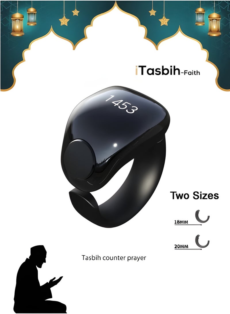 Tasbih Smart Ring, Adjustable Ring Finger Counter with 2 Sizes (18/20mm), APP Support Digital Counter Prayer Reminder Rings, Waterproof 4 Digit Finger Counter Ring for Muslims (Black) - Image 1