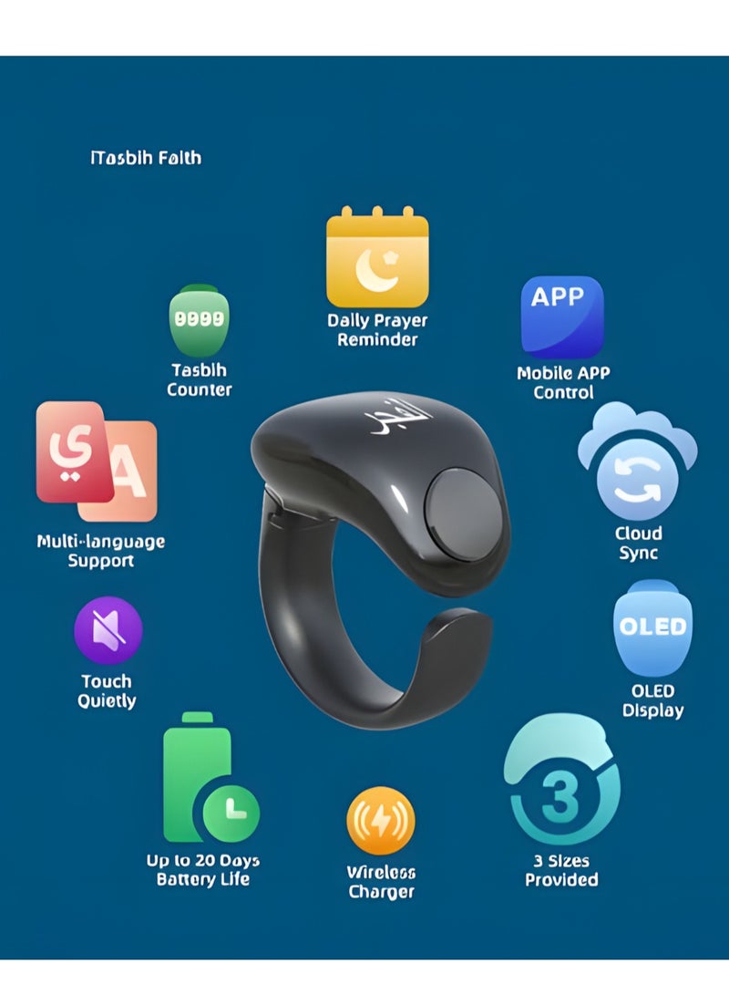 Tasbih Smart Ring, Adjustable Ring Finger Counter with 2 Sizes (18/20mm), APP Support Digital Counter Prayer Reminder Rings, Waterproof 4 Digit Finger Counter Ring for Muslims (Black) - Image 3