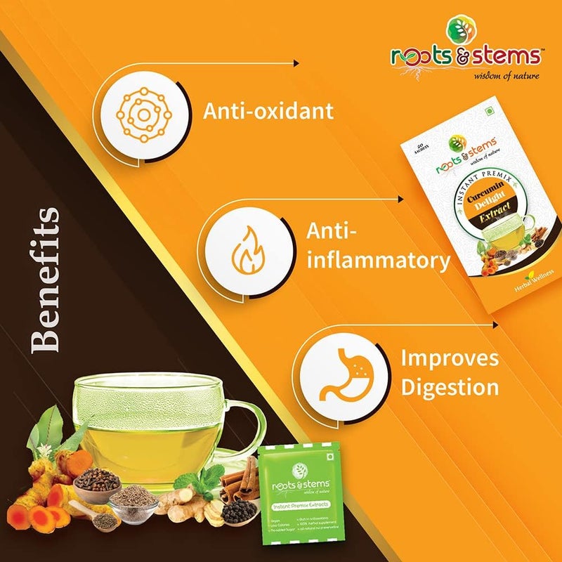 roots & stems Curcumin Delight Turmeric Tea | Instant Premix Extract Powder | Made of 9 Spices | For Skin & Joint Pain, Antioxidant & Antibacterial | 60g (3gx20 Sachets) Pack of 1 - Image 3