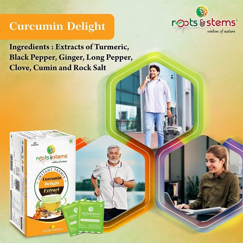 roots & stems Curcumin Delight Turmeric Tea | Instant Premix Extract Powder | Made of 9 Spices | For Skin & Joint Pain, Antioxidant & Antibacterial | 60g (3gx20 Sachets) Pack of 1 - Image 4