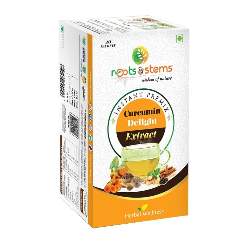 roots & stems Curcumin Delight Turmeric Tea | Instant Premix Extract Powder | Made of 9 Spices | For Skin & Joint Pain, Antioxidant & Antibacterial | 60g (3gx20 Sachets) Pack of 1 - Image 1