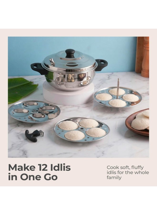 Lifelong Idli Cooker 3 Plate with Sandwich Bottom | 12 idlis | Stainless Steel Idli Cooker, Heavy Base Induction and Gas Stove Compatible Idli Maker (LLIDCKSB03, Steel Silver) - Image 2