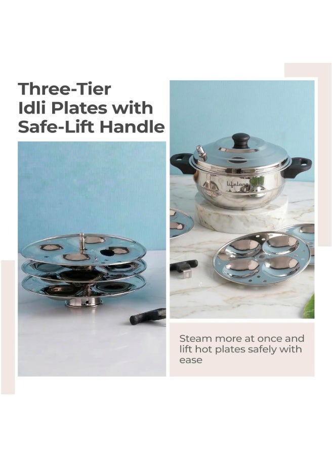 Lifelong Idli Cooker 3 Plate with Sandwich Bottom | 12 idlis | Stainless Steel Idli Cooker, Heavy Base Induction and Gas Stove Compatible Idli Maker (LLIDCKSB03, Steel Silver) - Image 3