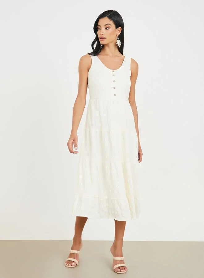 Styli Textured Button Detail Sleeveless Tiered Midi Dress