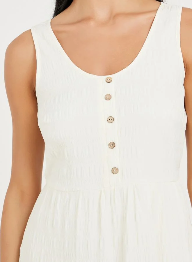 Styli Textured Button Detail Sleeveless Tiered Midi Dress