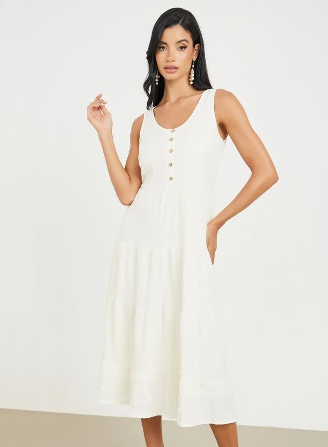 Styli Textured Button Detail Sleeveless Tiered Midi Dress