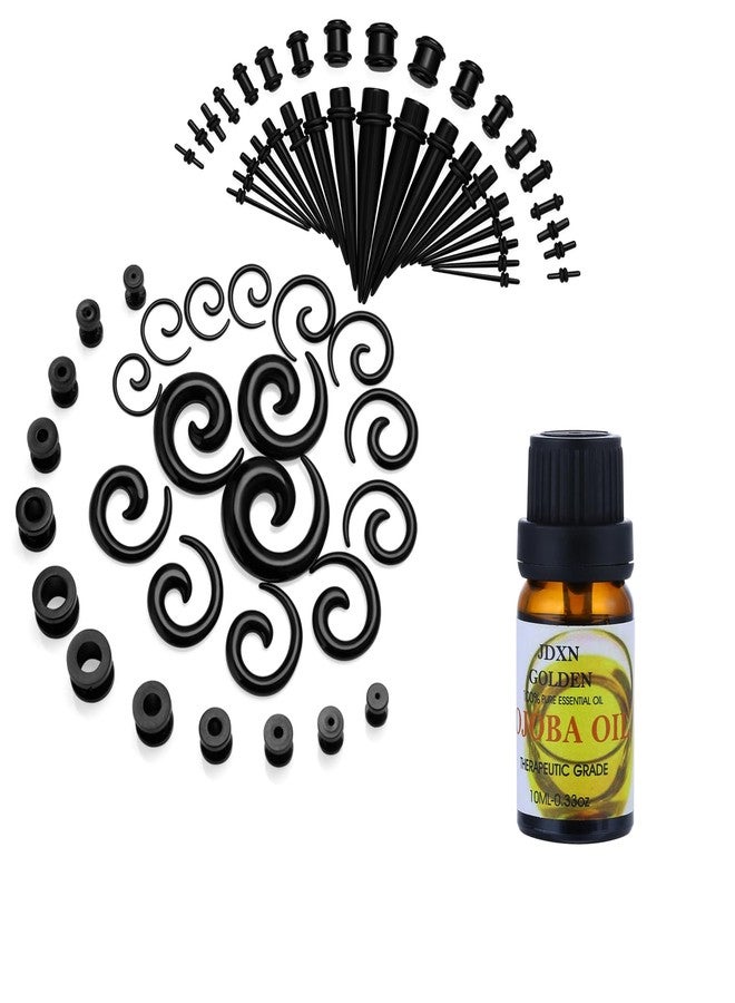 JDXN 65pcs Acrylic Ear Stretching Kit + Aftercare Jojoba Oil Tapers Plugs Silicone Tunnels Gauges Expander 14G-00G Jewelry Set (Black)