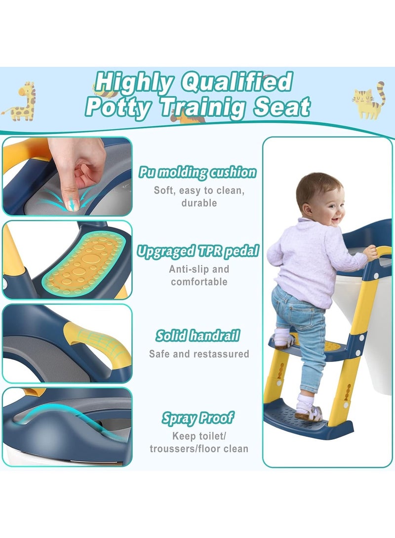 Potty Training Seat, Kids Toilet Training Seat with Step Stool, Foldable Portable Potty Chair with Adjustable Height Ladder Guard Handle Soft Cushion White for Baby Toddler Boys Girls（Blue） - Image 3