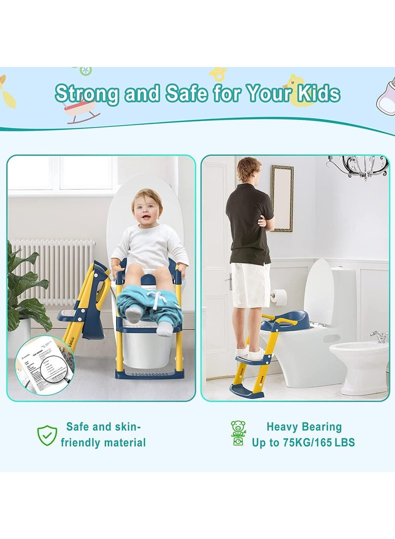 Potty Training Seat, Kids Toilet Training Seat with Step Stool, Foldable Portable Potty Chair with Adjustable Height Ladder Guard Handle Soft Cushion White for Baby Toddler Boys Girls（Blue） - Image 2