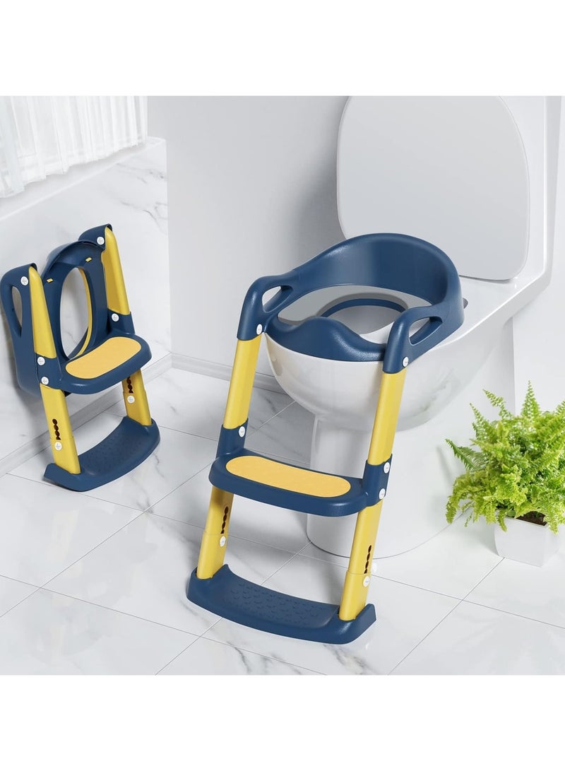 Potty Training Seat, Kids Toilet Training Seat with Step Stool, Foldable Portable Potty Chair with Adjustable Height Ladder Guard Handle Soft Cushion White for Baby Toddler Boys Girls（Blue） - Image 1