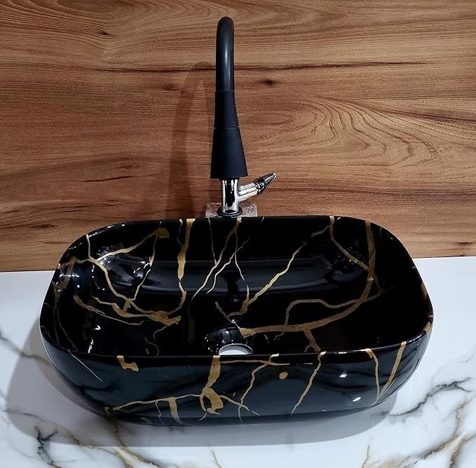 VSon Ceramic Tabletop WashbasinTabletop Marble BasinCountertop Basin for Living RoomBathroom Sink Golden Veins18 x 13 x 55 InchV019 - Image 1