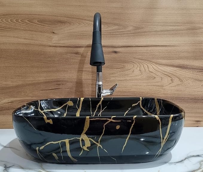 VSon Ceramic Tabletop WashbasinTabletop Marble BasinCountertop Basin for Living RoomBathroom Sink Golden Veins18 x 13 x 55 InchV019 - Image 2