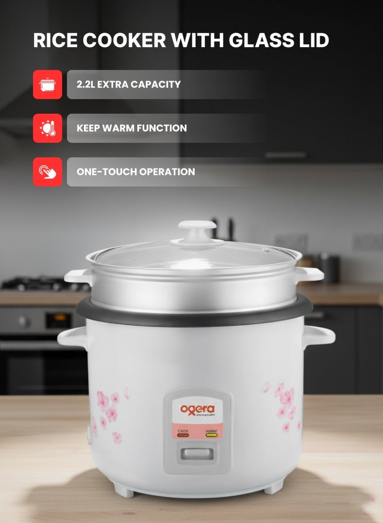 أوجيرا طباخ أرز 2.2 لتر | غطاء زجاجي | مفتاح تحكم مزدوج | طهي سهل وفعال | ضمان سنتين | OG9501RC | أبيض - Image 1