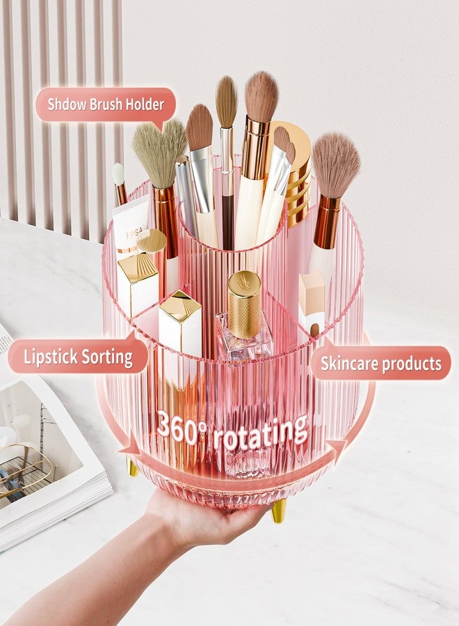 fanado Clear Rotating Makeup Organizer Countertop for Vanity, 360° Makeup Brush Holder Organizer with 5 Compartments, Transparent Cosmetic Storage for Lipstick, Skincare, Bathroom Counter (Transparent Pink) - Image 2