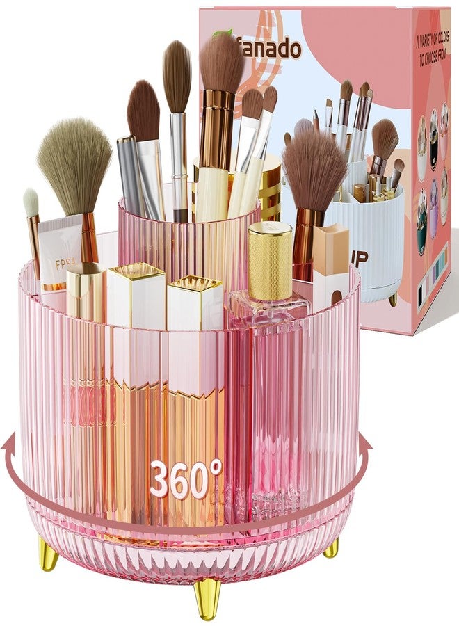 fanado Clear Rotating Makeup Organizer Countertop for Vanity, 360° Makeup Brush Holder Organizer with 5 Compartments, Transparent Cosmetic Storage for Lipstick, Skincare, Bathroom Counter (Transparent Pink) - Image 1