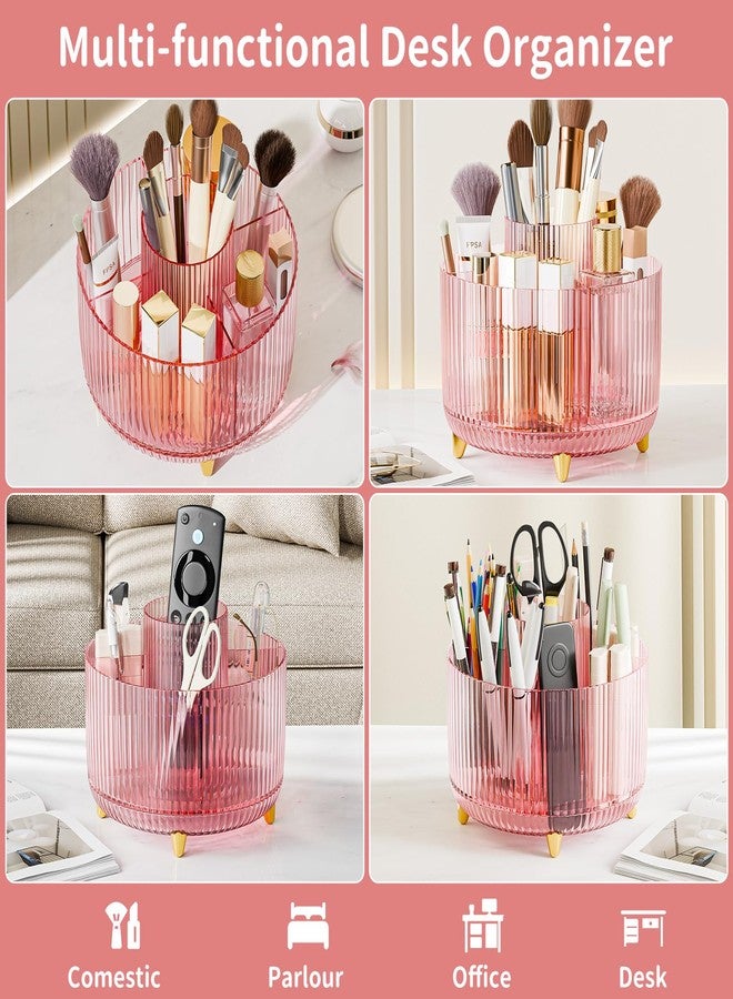 fanado Clear Rotating Makeup Organizer Countertop for Vanity, 360° Makeup Brush Holder Organizer with 5 Compartments, Transparent Cosmetic Storage for Lipstick, Skincare, Bathroom Counter (Transparent Pink) - Image 3