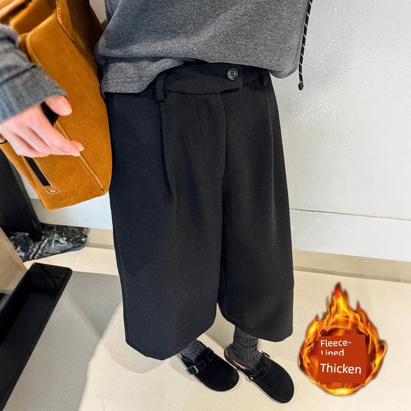 Spring and autumn gray wide-leg woolen pants women's 2026 autumn and winter plus size fat mm 100kg loose slimming casual cropped pants - Image 1