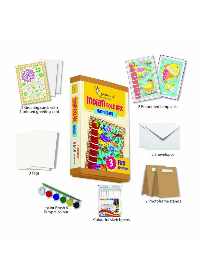 Lighthouse LIGHTHOUSE Madhubani Folk Art Print, Indian Art Forms-Arts and Craft DIY Kit, 3 Fun Activity DIY for Girls Kids & Boys Multicolor  - Image 2