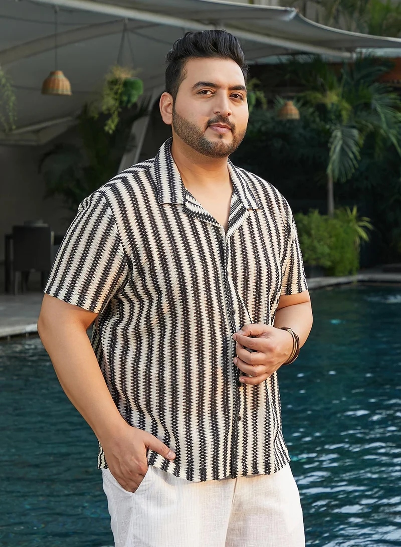 Instafab Plus  Instafab Plus Men's Black & White Relaxed Candy Striped Shirt For Casual Wear | Cuban Collar | Short Regular Sleeves | Button Closure | Plus Size Shirt Crafted With Comfort Fit For Everyday Wear for Men | Best Price UAE