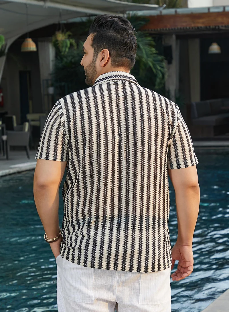 Instafab Plus  Instafab Plus Men's Black & White Relaxed Candy Striped Shirt For Casual Wear | Cuban Collar | Short Regular Sleeves | Button Closure | Plus Size Shirt Crafted With Comfort Fit For Everyday Wear for Men | Best Price UAE
