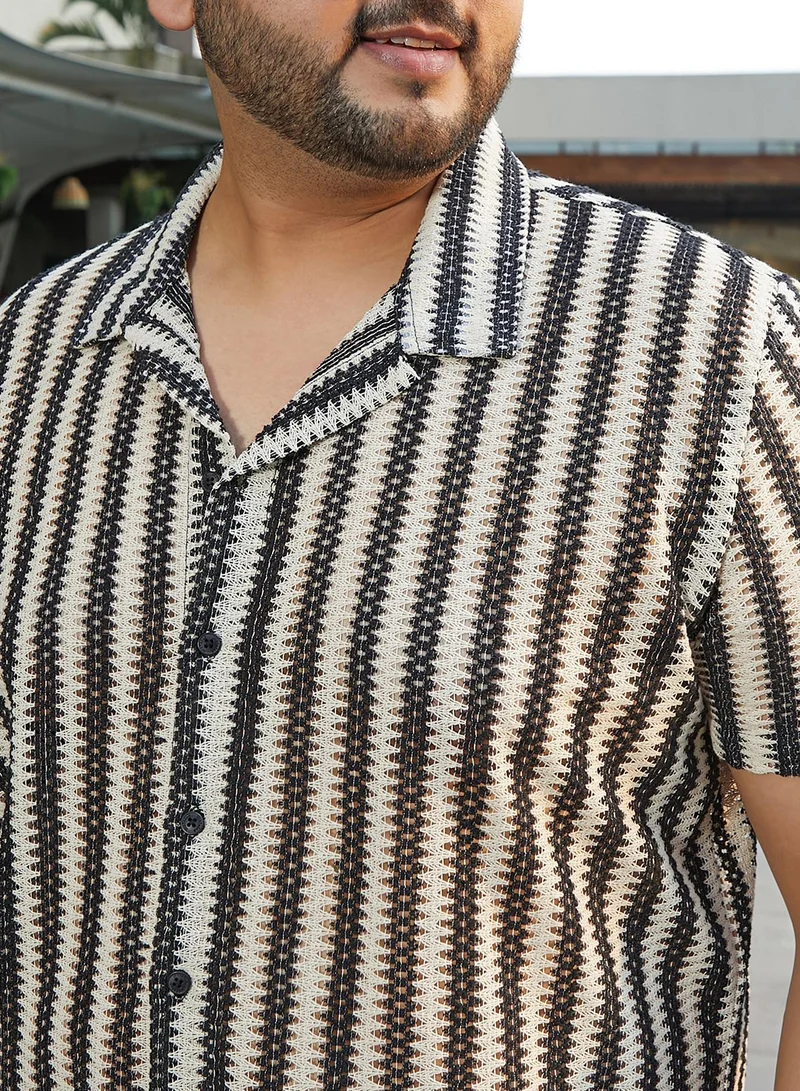 Instafab Plus  Instafab Plus Men's Black & White Relaxed Candy Striped Shirt For Casual Wear | Cuban Collar | Short Regular Sleeves | Button Closure | Plus Size Shirt Crafted With Comfort Fit For Everyday Wear for Men | Best Price UAE