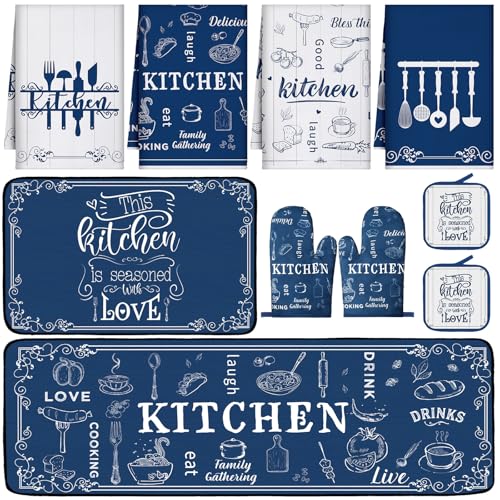 Fourluoo 10 Pcs Farmhouse Kitchen Decor Set 4 Navy Blue Kitchen Dish Towels 2 Blue and White Pot Holders 2 Oven Mitts 2 Rustic Rugs Mats for Floor for Home Decorations Cooking Baking Mom Gifts Accessories - Image 1