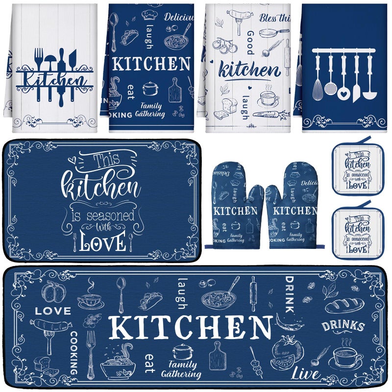 Fourluoo 10 Pcs Farmhouse Kitchen Decor Set 4 Navy Blue Kitchen Dish Towels 2 Blue and White Pot Holders 2 Oven Mitts 2 Rustic Rugs Mats for Floor for Home Decorations Cooking Baking Mom Gifts Accessories - Image 2
