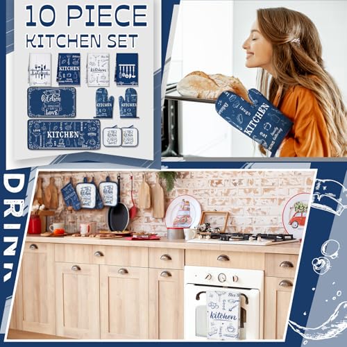 Fourluoo 10 Pcs Farmhouse Kitchen Decor Set 4 Navy Blue Kitchen Dish Towels 2 Blue and White Pot Holders 2 Oven Mitts 2 Rustic Rugs Mats for Floor for Home Decorations Cooking Baking Mom Gifts Accessories - Image 3